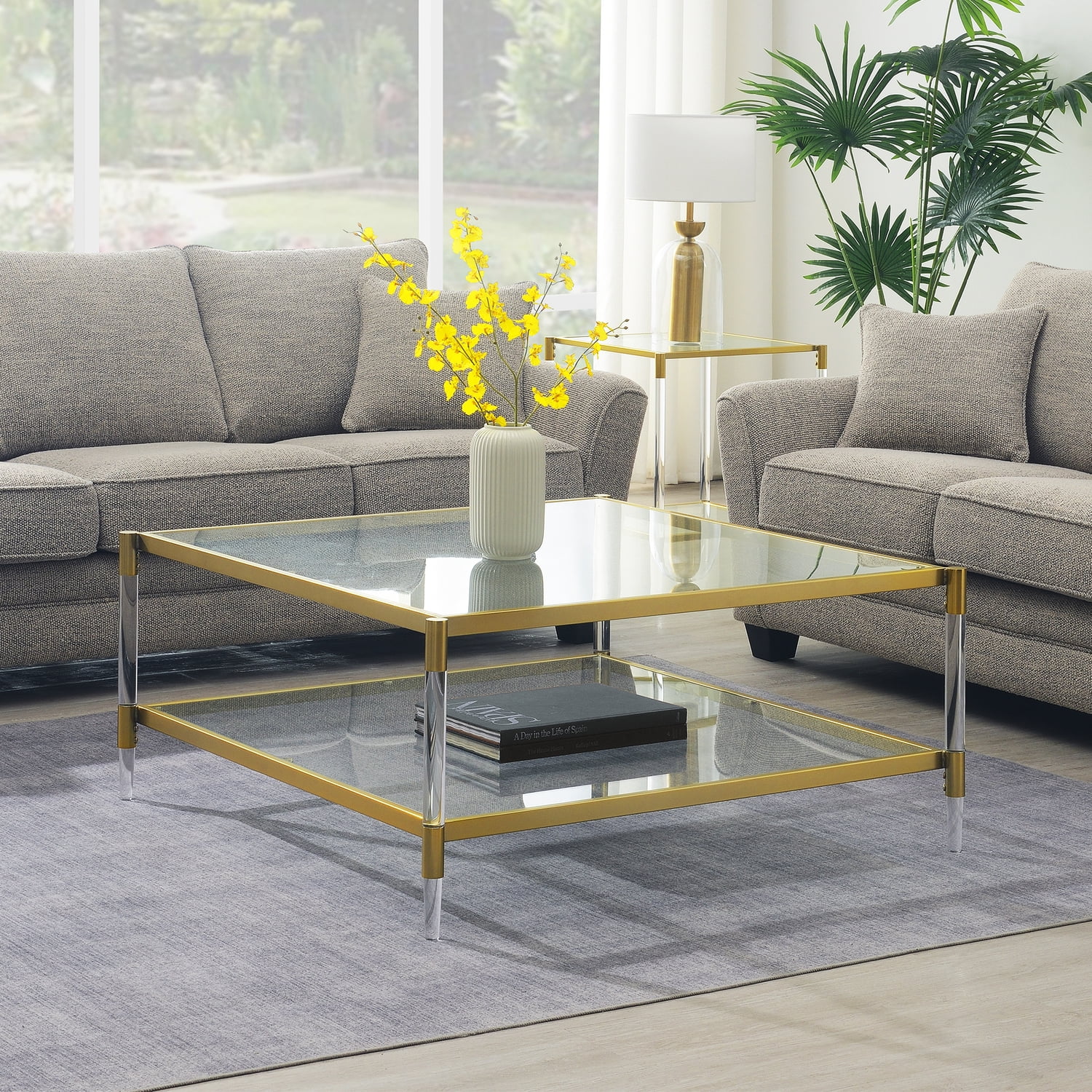 Royal Crest Two-Tier Acrylic Clear Glass Square Coffee Table in Gold Chrome