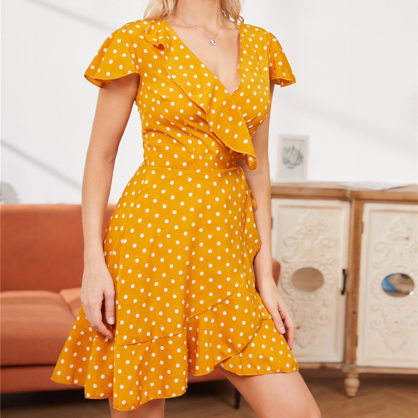 Dresses for Women,Womens Casual Summer Polka Dot Print Sleeveless Dress A-Line Maxi Mini Sundress Crewneck Short Dress 