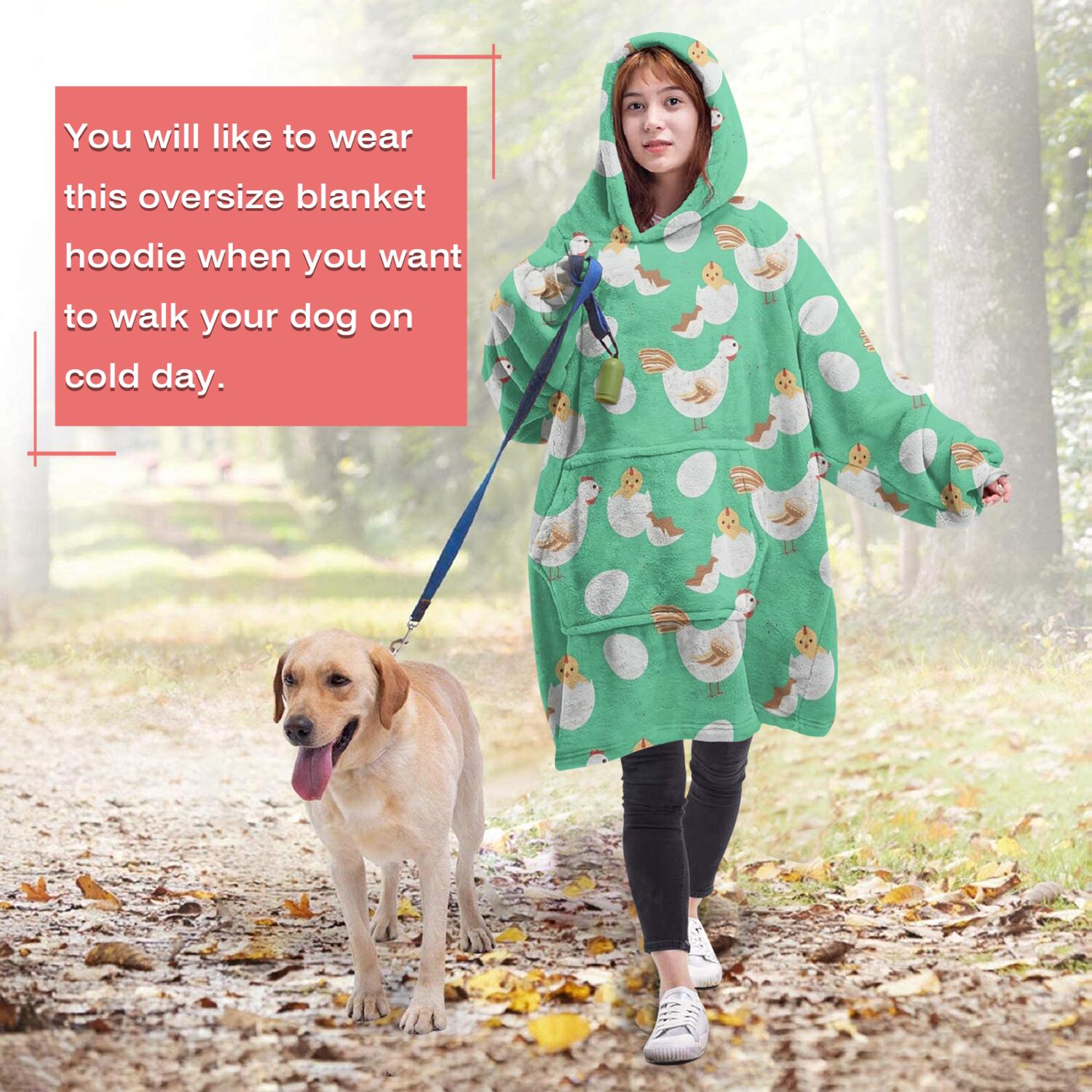 Wearable Oversized Blanket,Green Chicken White Hen Egg Pattern Wearable Blanket Hoodie for Adults,Cozy Hooded Blankets with Super Pockets,Super Warm Fuzzy Pullover for Women & Men