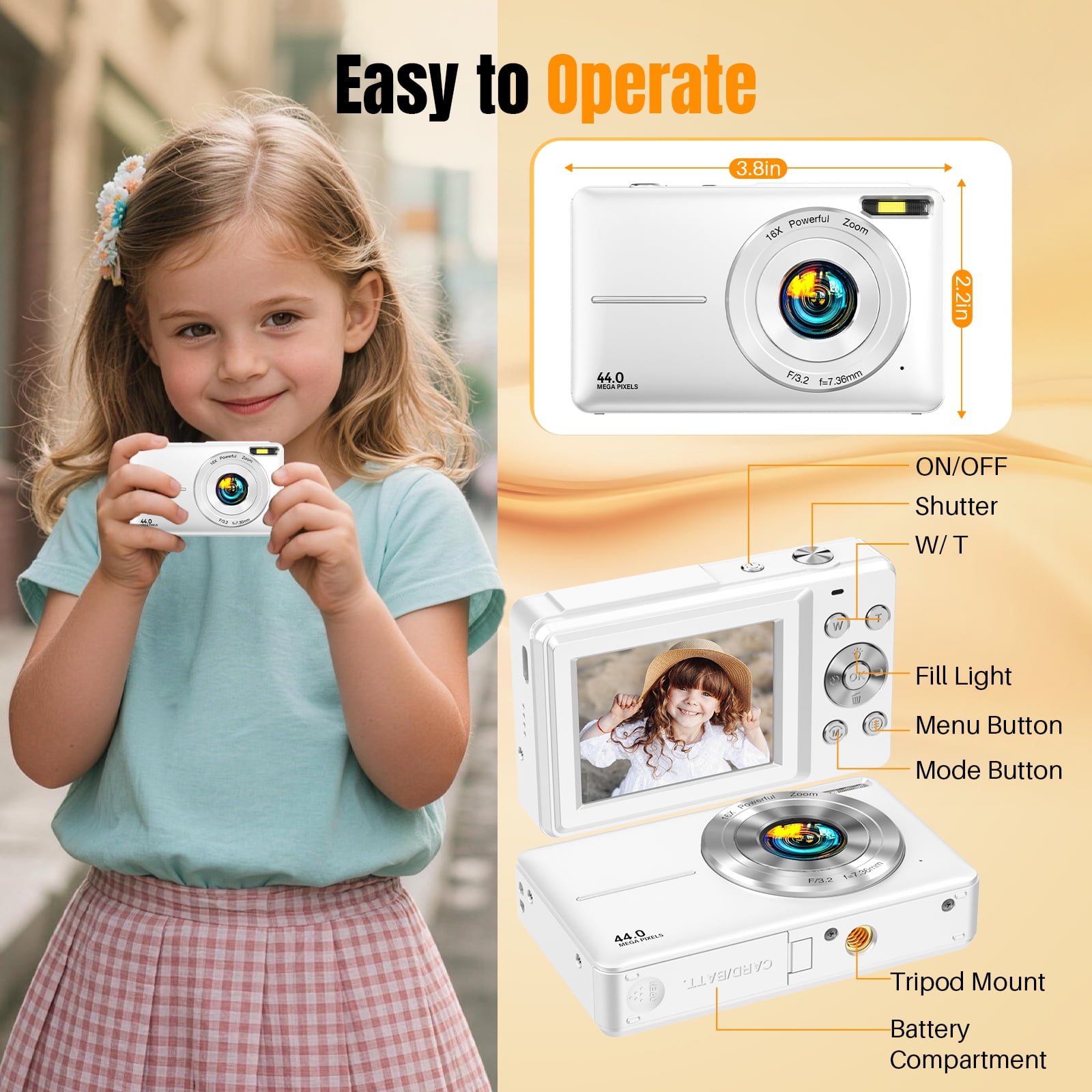 Digital Camera with 32GB TF Card, 1080P Full HD Kids Camera, 44MP & 16X Digital Zoom, Compact Point and Shoot Camera, Portable Small Cameras for Boys Girls Beginners (White)