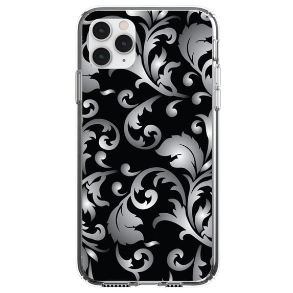 DistinctInk Clear Shockproof Hybrid Case for iPhone 11 (6.1" Screen) - TPU Bumper, Acrylic Back, Tempered Glass Screen Protector - Silver Grey Black White Floral - Floral Damask Pattern