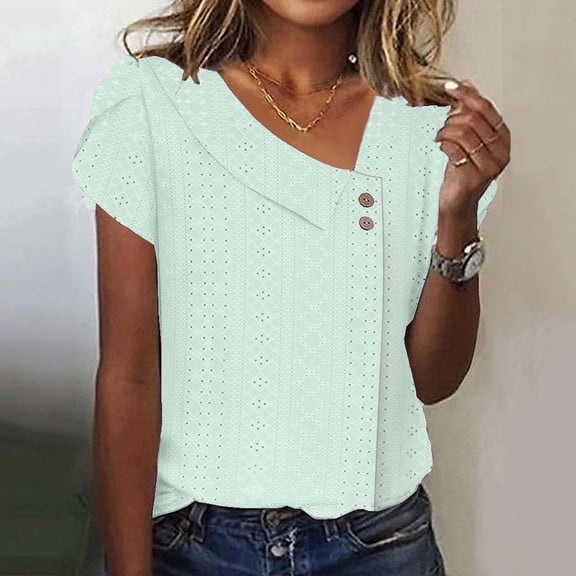Plus Size Tops for Women Short Sleeved V-neck Solid Color Loose Summer Casual T-shirt Mint Green XXXXXL