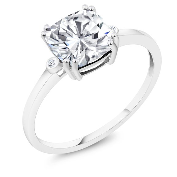 Gem Stone King 10K White Gold Fashion Right-Hand Ring Set with Cushion Moissanite and Diamond (2.41 Cttw, Size 9)