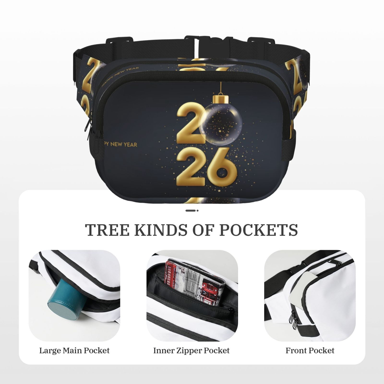 Hirioo Happy New Year 2026 for Double Layer Waist Bag Adjustable Fanny Pack For Travel Running Hiking
