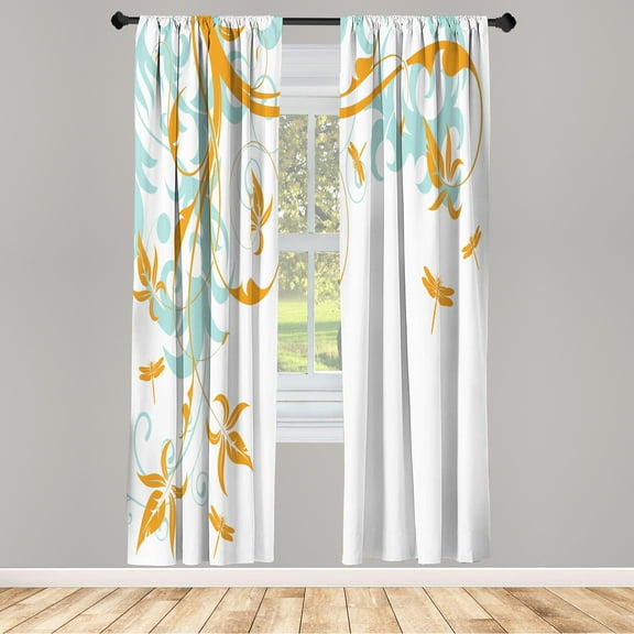 Ambesonne Dragonfly Curtains, Swirling Floral Damask, Pair of 28"x84", Marigold Seafoam