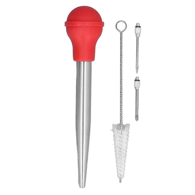 Inyector de pavo de acero inoxidable con diseño de silicona engrosada, bomba de sazonado para cocinar con escoba de limpieza, color rojo.