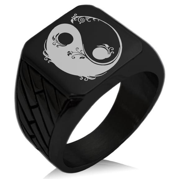 Stainless Steel Floral Yin Yang Geometric Pattern Biker Style Polished Ring