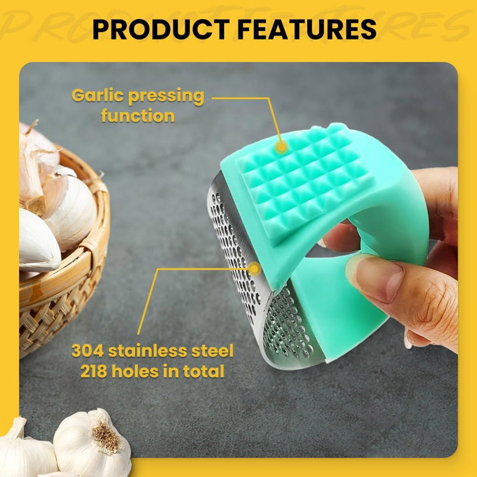 Tuphregyow 2024 Upgraded Stainless Steel Garlic Presser with Rocker and Peeler - Easy-to-Use Kitchen Tool for Mincing and Crushing Garlic, Dishwasher Safe Green
