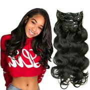 Body Wave Clip In Human Hair Extensions 7pcs 100% Brazilian Virgin Real Human Hair With Double Strong Weft #1b Natural Color 70 gram Include 16 Clips Soft and Easy to Wear (16 Inch)