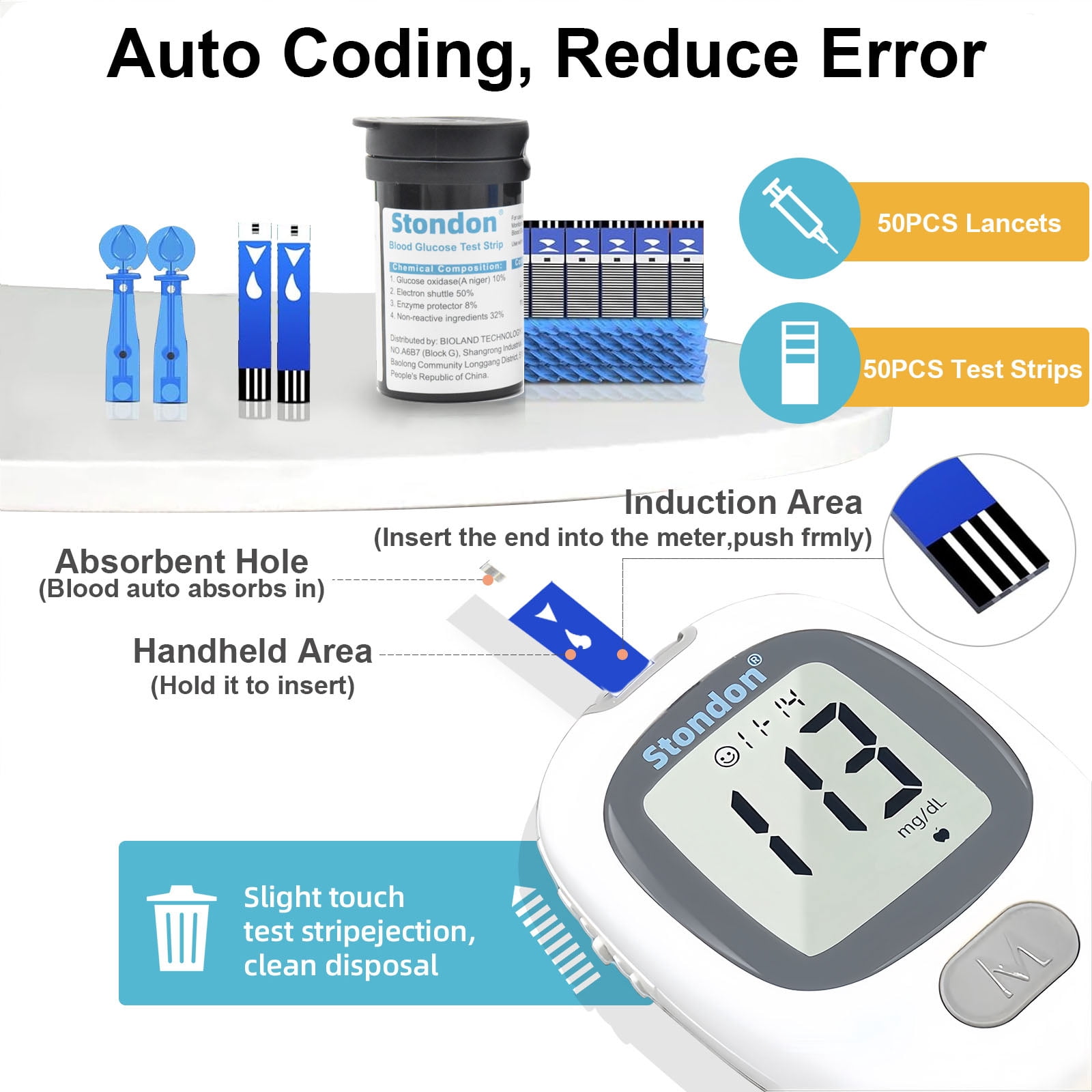 Stondon Blood Glucose Monitor Kit, Blood Sugar Testing Kit, 50 Glucometer Strips, 50 Lancets, Test Strips Blood Sugar Meter Glucometer，for people with diabetes