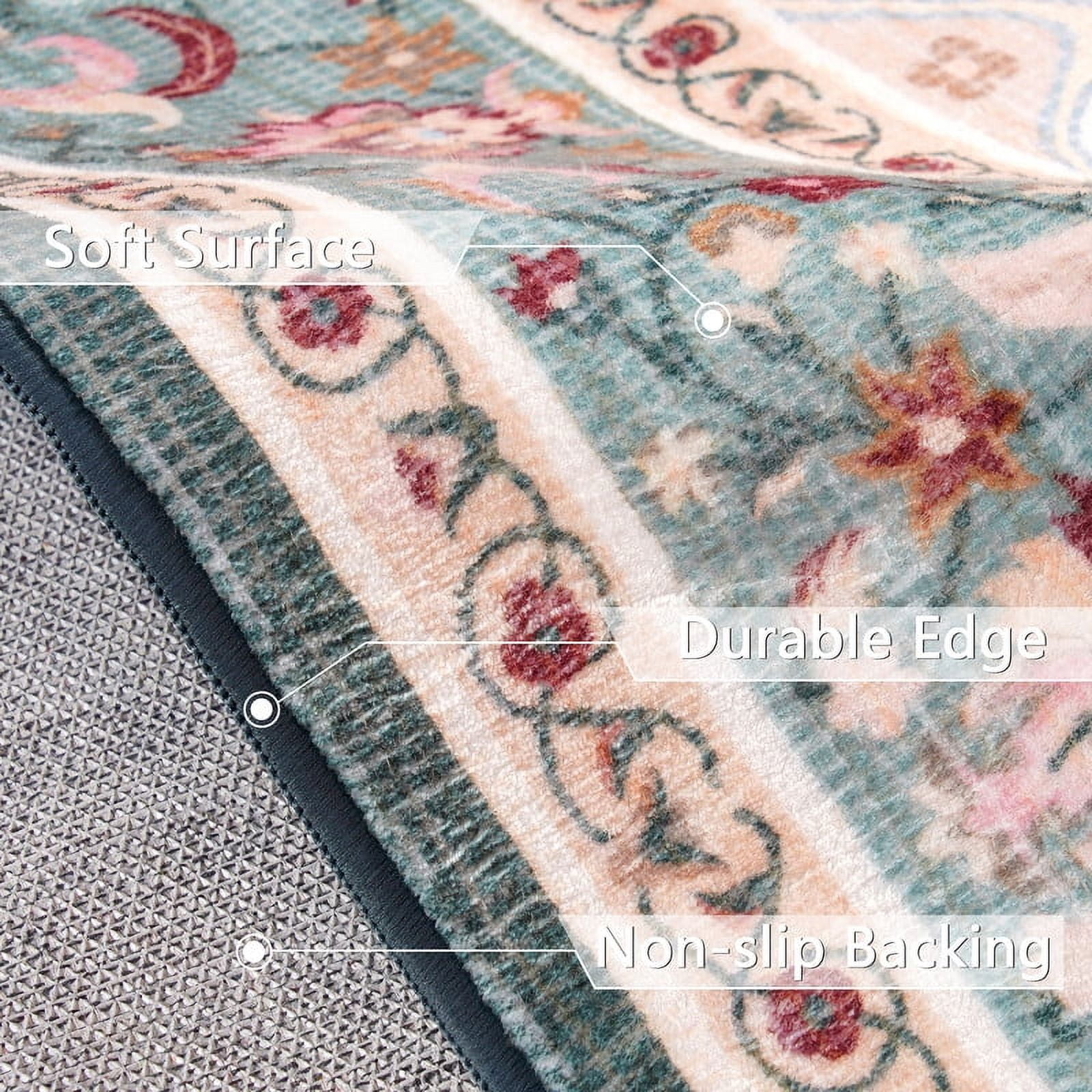 Jamfeel Area Rugs Vintage Floral Printed Washable Non-slip Carpets Foldable Thin Low Pile Rug for Living Room Bedroom 5'x8' Green