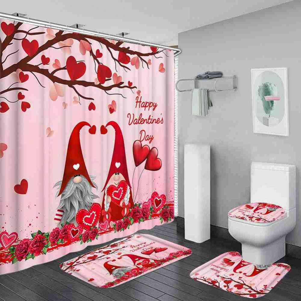 4 Pcs Bathroom Shower Curtain Set, Shower Curtain Valentine's Day