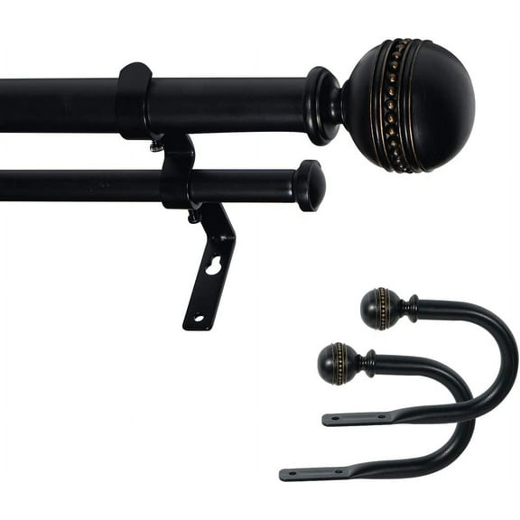 eTeckram 1" Double Curtain Rod with Sable Finials and holdbacks (28‘’-48‘’, Black gold)
