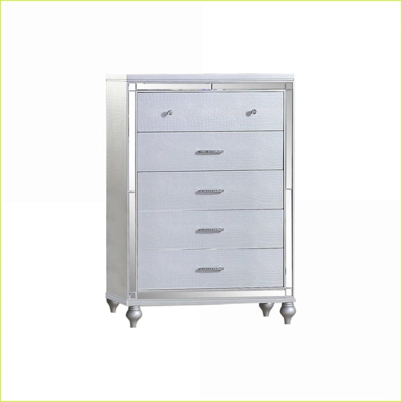 Chests & Wardrobes: Sterling 5-Drawer Mirror Framed Chest, Silver Wood | Silver | Wood