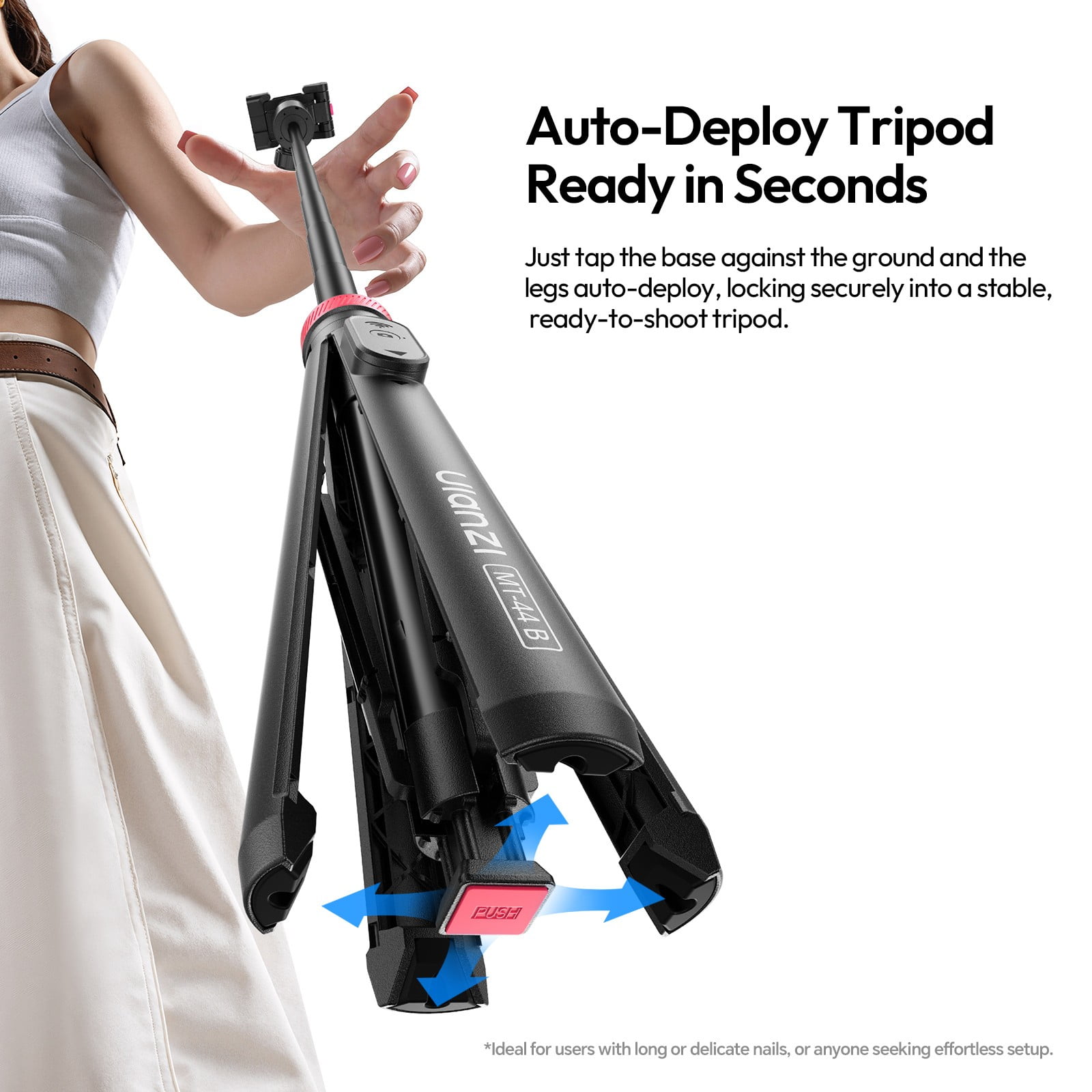 Ulanzi MT-44 B 2-in-1 Selfie Stick Tripod, Auto-Deploy Floor Tripod, 149cm Extendable Pole, Bluetooth Remote, Dual Camera Support for Phone & Mirrorless Cameras