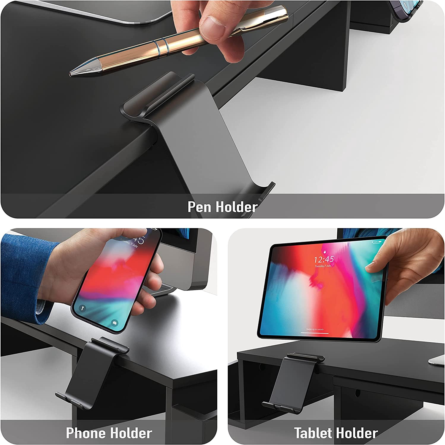 Black Dual Monitor Stand Riser with Storage Drawer