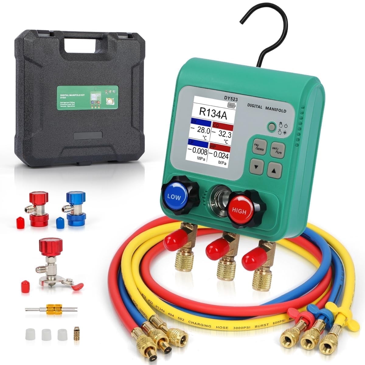 DUOYI DY523 Digital HVAC Manifold Gauge Set, Smart AC Diagnostic for 92+ Refrigerants R134a R410a, Vacuum Refrigerant Recharge Tool