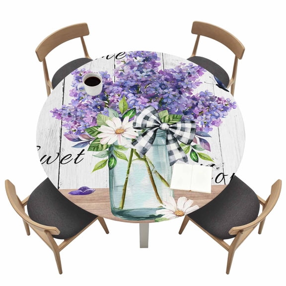 Purple Lavender Fitted Tablecloth with Elastic Edged, Round Table Cloth for Dining Table, Spring Floral Daisy Butterfly Leaves Gray Waterproof Oil Proof Table Cover for Indoor Outdoor 36"-44"