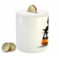 thumbnail image 2 of Halloween Piggy Bank, Black Cat on Pumpkin Drawing Spooky Cartoon Characters Halloween Humor Art, Ceramic Coin Bank Money Box for Cash Saving, 3.6" X 3.2", Orange Black, by Ambesonne, 2 of 4