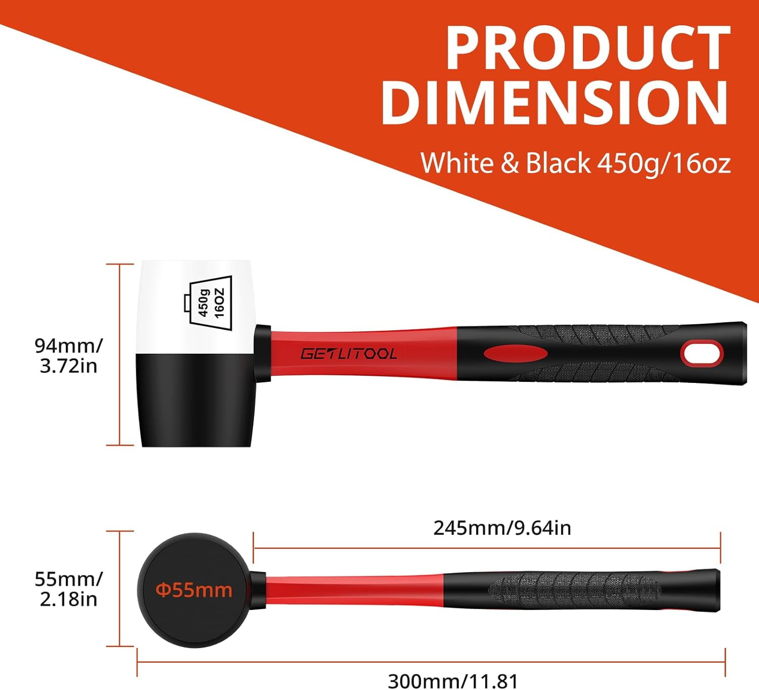 GETLITOOL Rubber Mallet Black/White 16oz, Non-Marking Rubber Mallet Hammer ⌀=55mm with Two Sides, Rubber Hammer with Non-Slip Fiberglass Handle for Camping, Flooring/Tiles Install, Woodworking