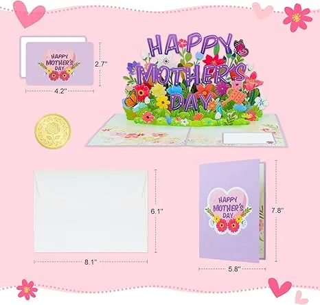 3D Pop-Up Mother’s Day Card, Handmade Red Carnations & Daisies Greeting Card with Pearlescent Envelope & Blank Insert