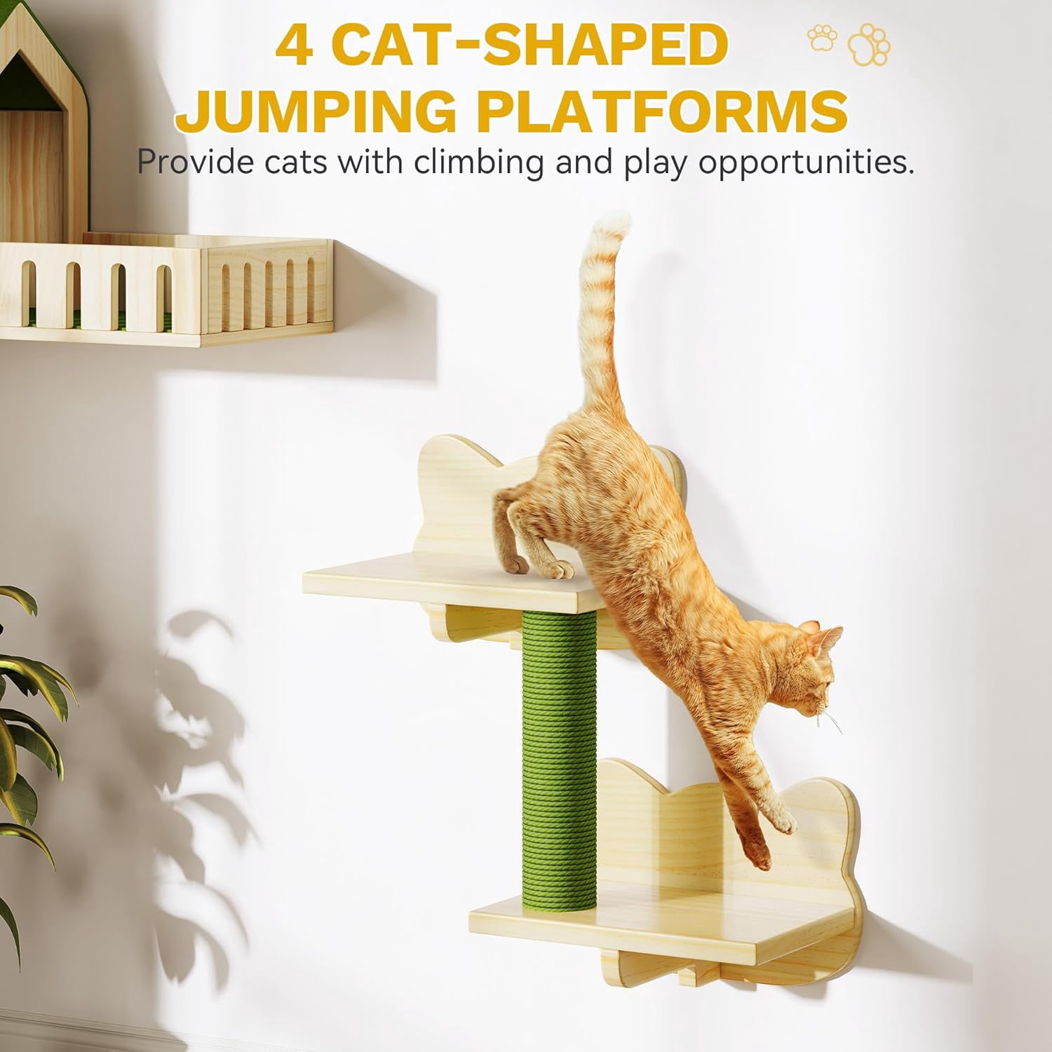 7-Piece  Wall Shelves and Perches Set with Solid Wood Climbing Furniture, Green House and Fence Steps for Indoor Cats