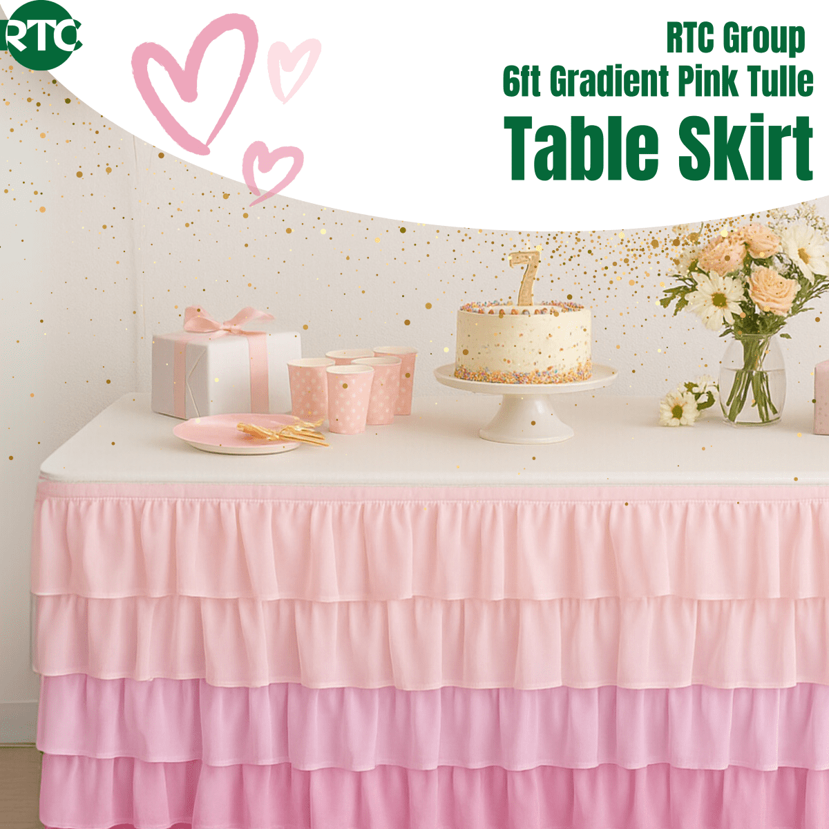 (3 pack) RTC Group 100% Polyester Tulle Ruffle Table Skirt Cover 6ft, 72 x 30 - Birthday Parties, Wedding, Party Decorations, Gradiant Pink