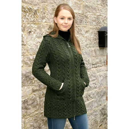 Midweight Wool Sweater - Irish Merino Wool Ladies Hooded Aran Zip Sweater Coat