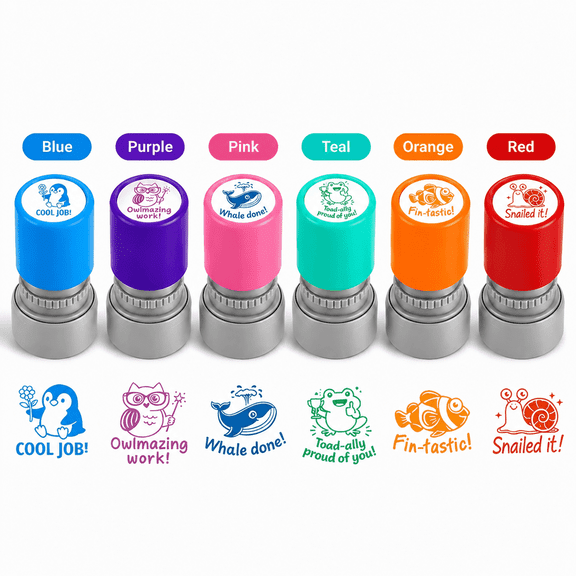 6PCS Animal Teacher Stamps, Self Inking Grading Stamps with Motivational Messages for Classroom Rewards