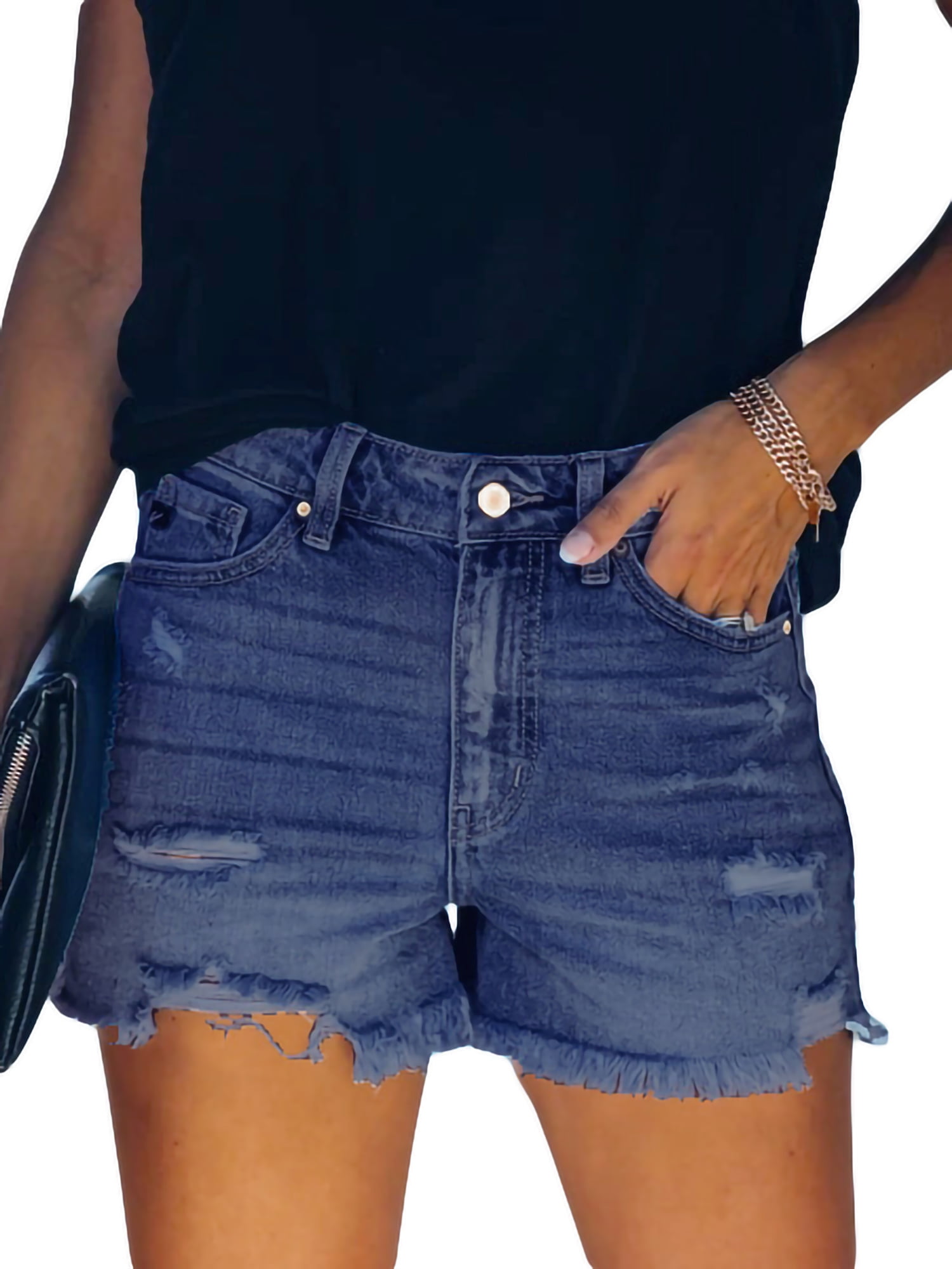 Women High Waist Denim Shorts Frayed Raw Tassel Hem Stretch Hot Jean Shorts VSCO Girl Stuff Denim Blue, Small 