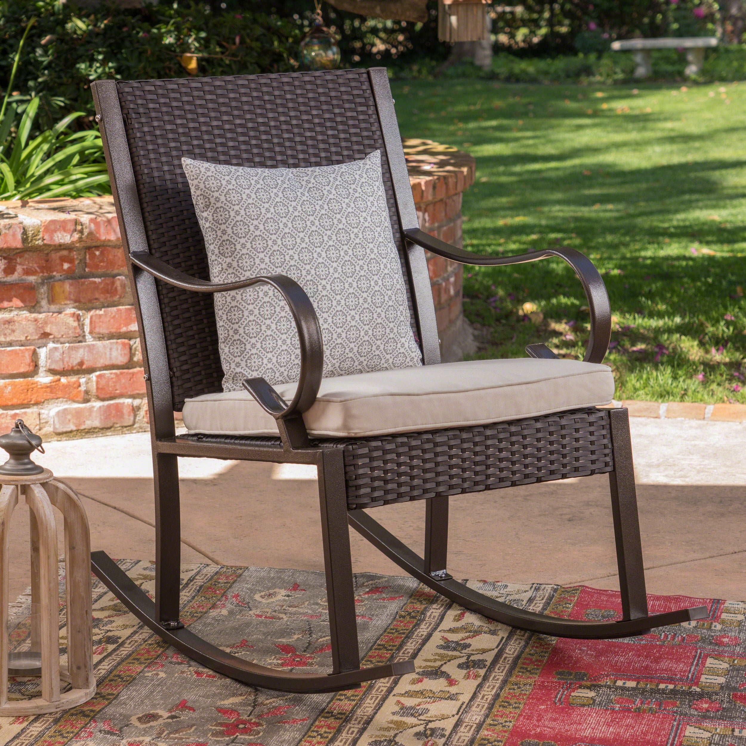 Outdoor Wicker Rocking Chair with Cushion, Cream, Dark