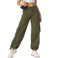 thumbnail image 4 of Women's Wide Leg High Waisted Multi Pocket Loose Fit Cargo Trousers, Utility Straight Leg Pants, Casual Military Style Pants for Women with Drawstring,Army Green,M, 4 of 6
