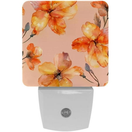 

Plug-in Night Lights Set Of 2 Watercolor Flowers on Peach Background Automatic Dusk-To-Dawn Sensor LED Nightlights Home Decorative Lamp For Kids Teens Girls Boys Adults