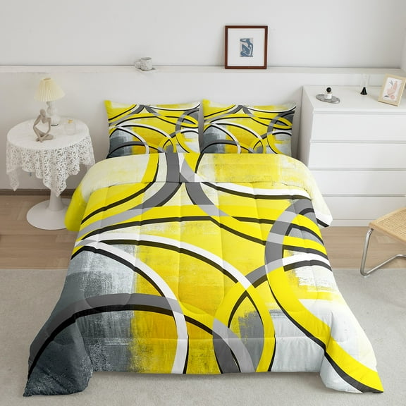 Yellow Ombre Bedding Set Twin Modern Art Aesthetic Comforter Set, Grey White Gradient Duvet Insert Abstract Swirl Quilt Comforter Geometry Patchwork Bedding Comforters & Sets Hippie Circle Line Decor