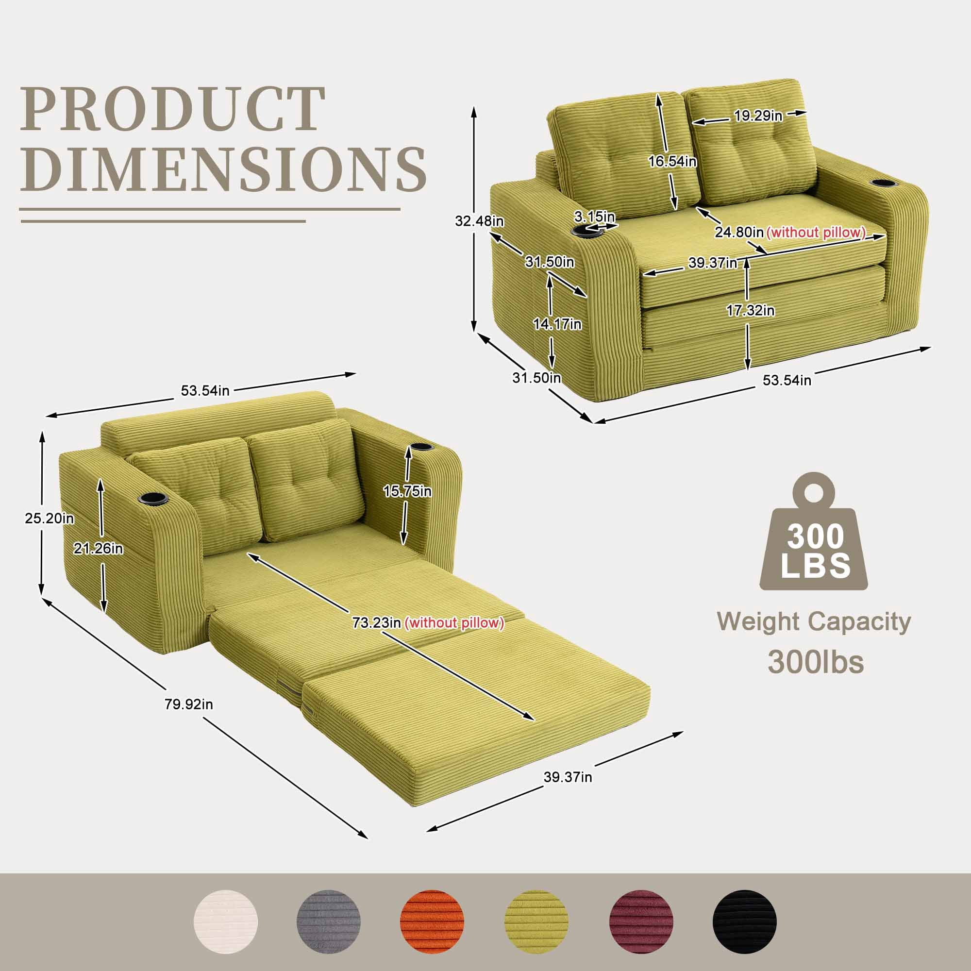 Lunale 54" Convertible Sofa Bed, Small Boneless Cloud Couch with Cup Holders, No Assembly Required, Corduroy Floor Sleeper Sofa, Green
