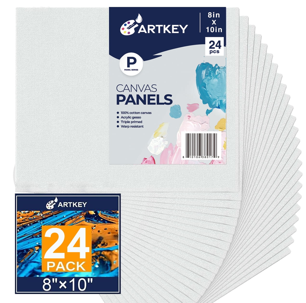 Artkey Canvas Panels 8x10 Inch 24Pack, AcidFree 100 Cotton Paint