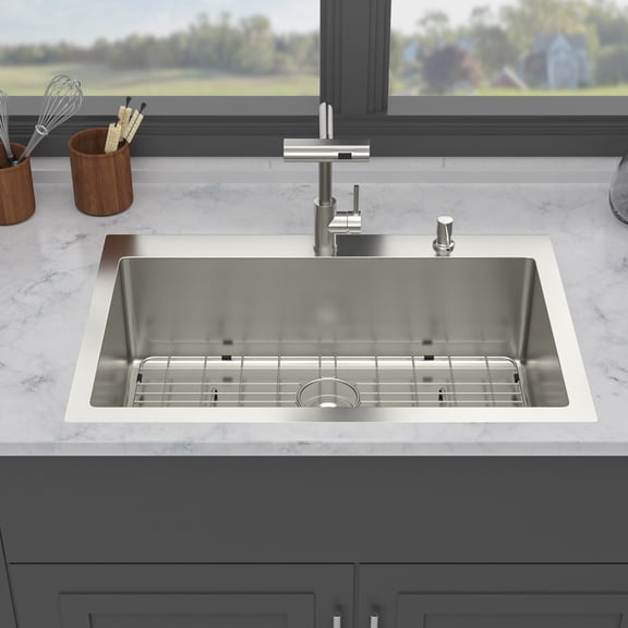 Boyuevi 33" Drop-in Kitchen Sink with Pull-Out Faucet and Soap Dispenser - 33 x 22 x 10 inch Single Bowl 16 Gauge Stainless Steel Topmount Kitchen Sink Basin
