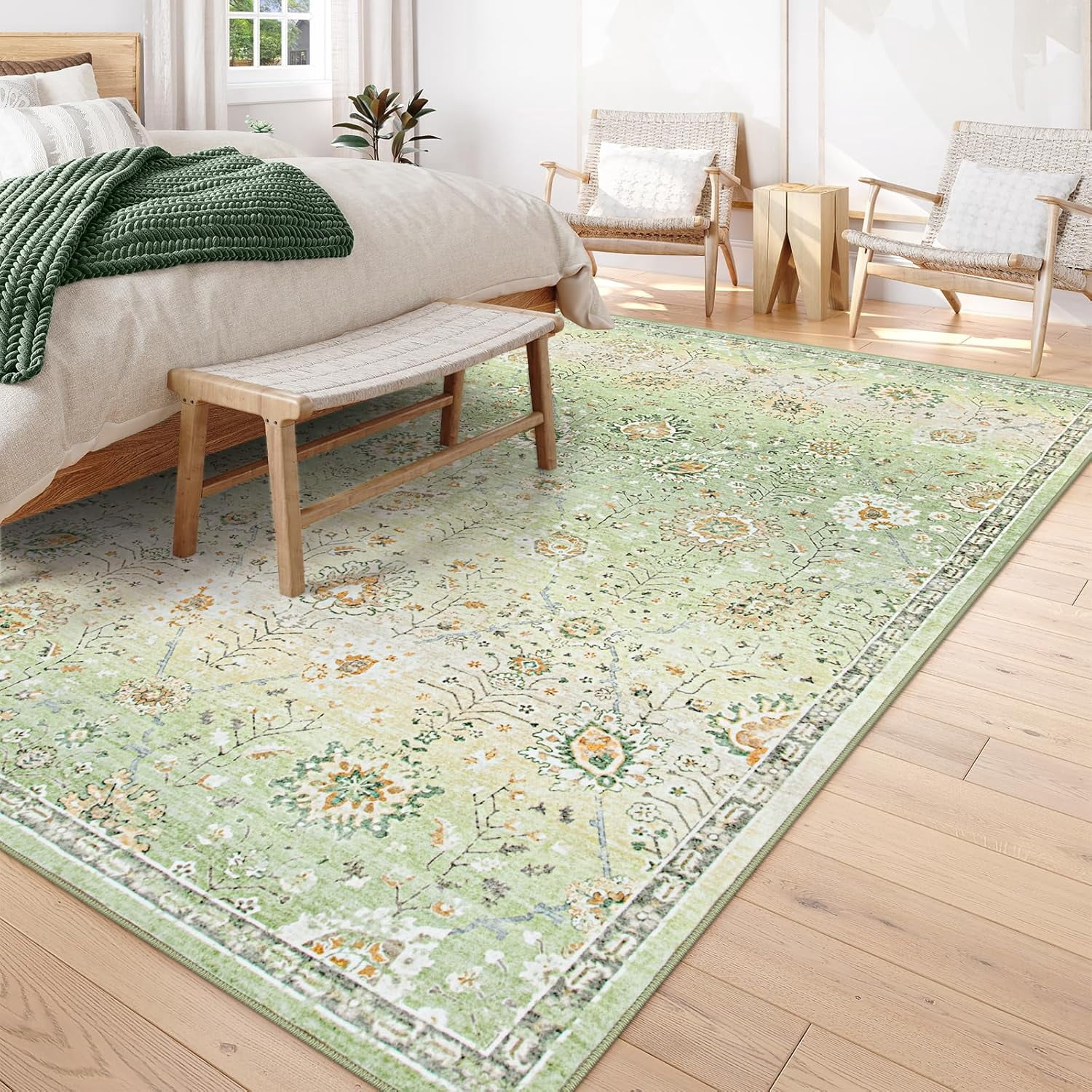 Wonnitar 8'x10' Green Boho Area Rug, 8x10ft Rugs for Bedroom Girls Large Living Room Area Rugs Soft Floral Playroom Rug, Washable Rugs Non Slip Pastel Rug for Bedroom Living Room Carpet