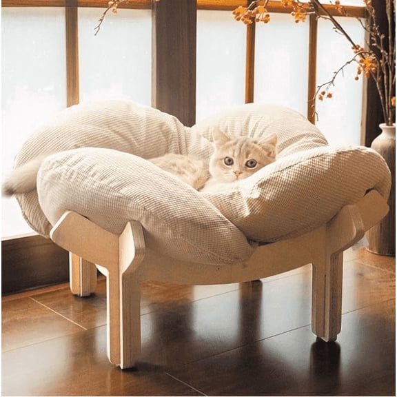 CheerPals Elevated Cat Bed Wooden with Cushion Fluffy Pet Couch Sofa for Indoor Cats Raised Kitty Lounge Chair Suitable for Puppy, Cat Furniture(Large) Valentine's Day Gifts