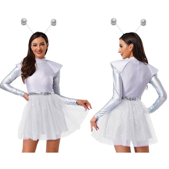 Aislor Womens Alien Space Cadet Rave Outfits Shiny Tulle Hem Dress with Headwear White L