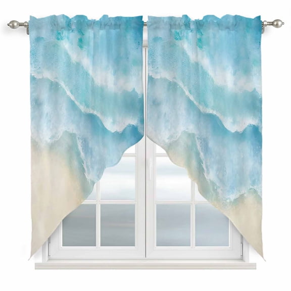 Blue Beige Waves Swag Curtains for Kitchen/Bedroom/Living Room, Summer Beach Coastal Nautical Ocean Scalloped Curtains 63 Inch Long, Window Swag Topper Curtains Valances 2 Panels Set 36"x63"