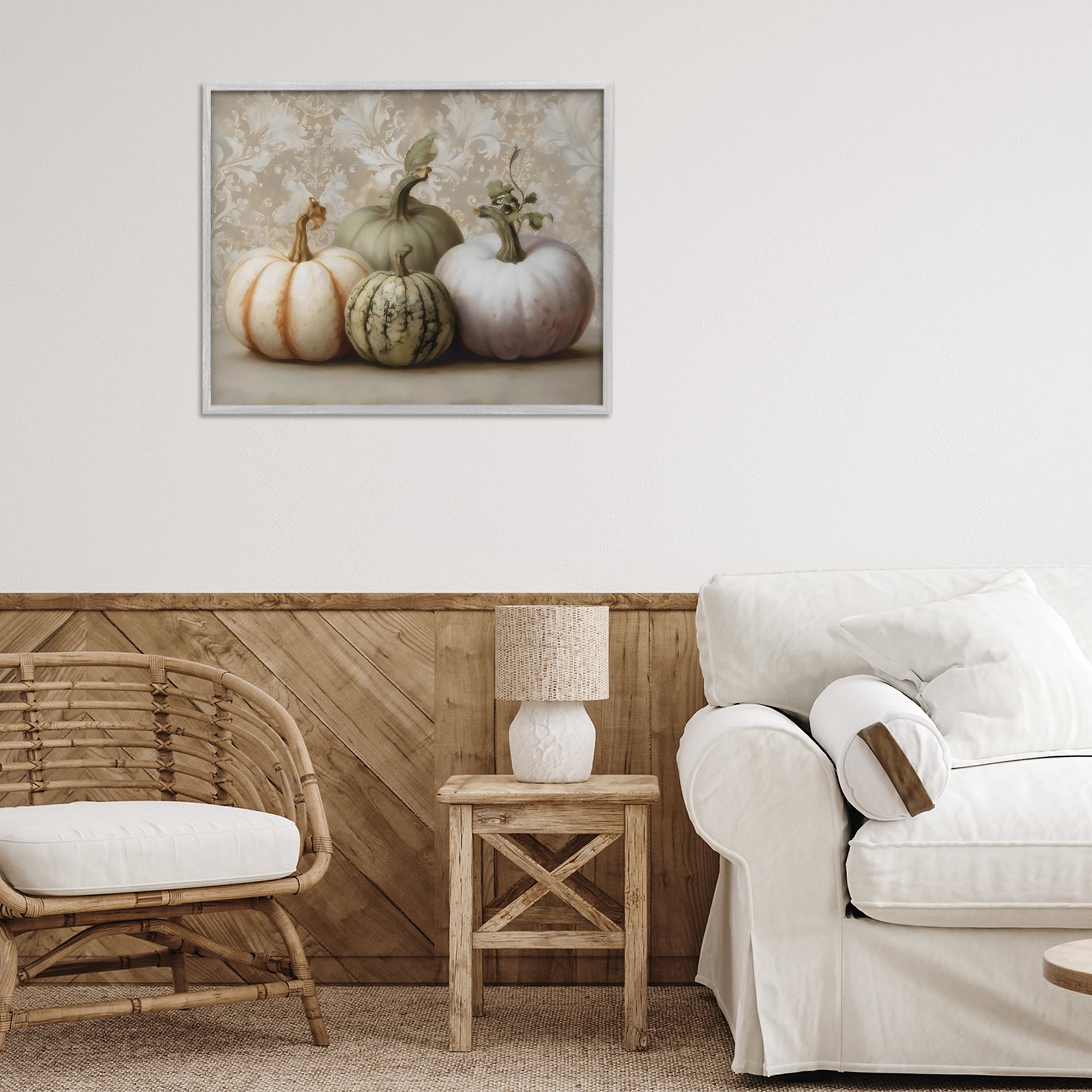 Stupell Industries Pastel Gourds on Vintage Pattern Gray Framed Giclee Art, design by Arlington Prints