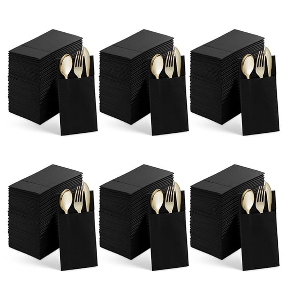300PCS Disposable Dinner Napkins with Built-in Flatware Pocket,Prefolded Cloth Like Paper Napkins Black