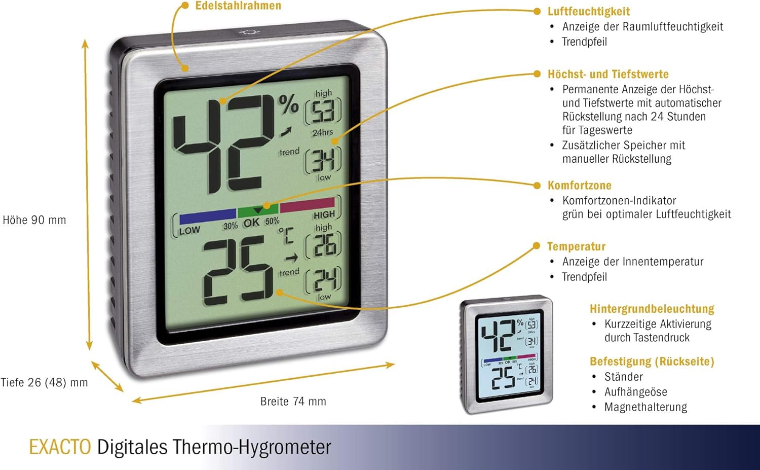 TFA Dostmann digital thermo-hygrometer Exacto, 30.5047.54, indoor, accurate temperature and hum