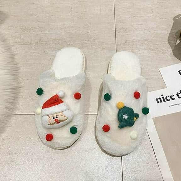 Tejiojio Soft Warm House Shoes Christmas Santa Claus Women's Fuzzy Slippers Plush Sandals Cozy Furry Slides