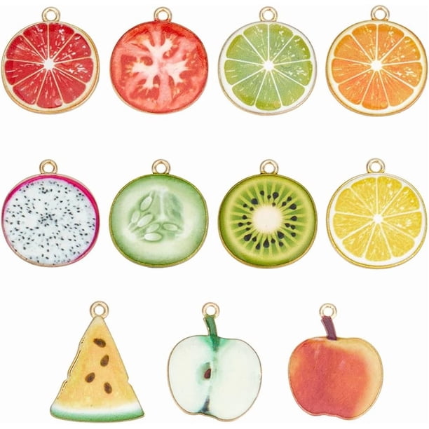 22 piezas de dijes de frutas esmaltadas chapadas en oro, surtidos en 11 estilos: limón, sandía, manzana, naranja, pitahaya.