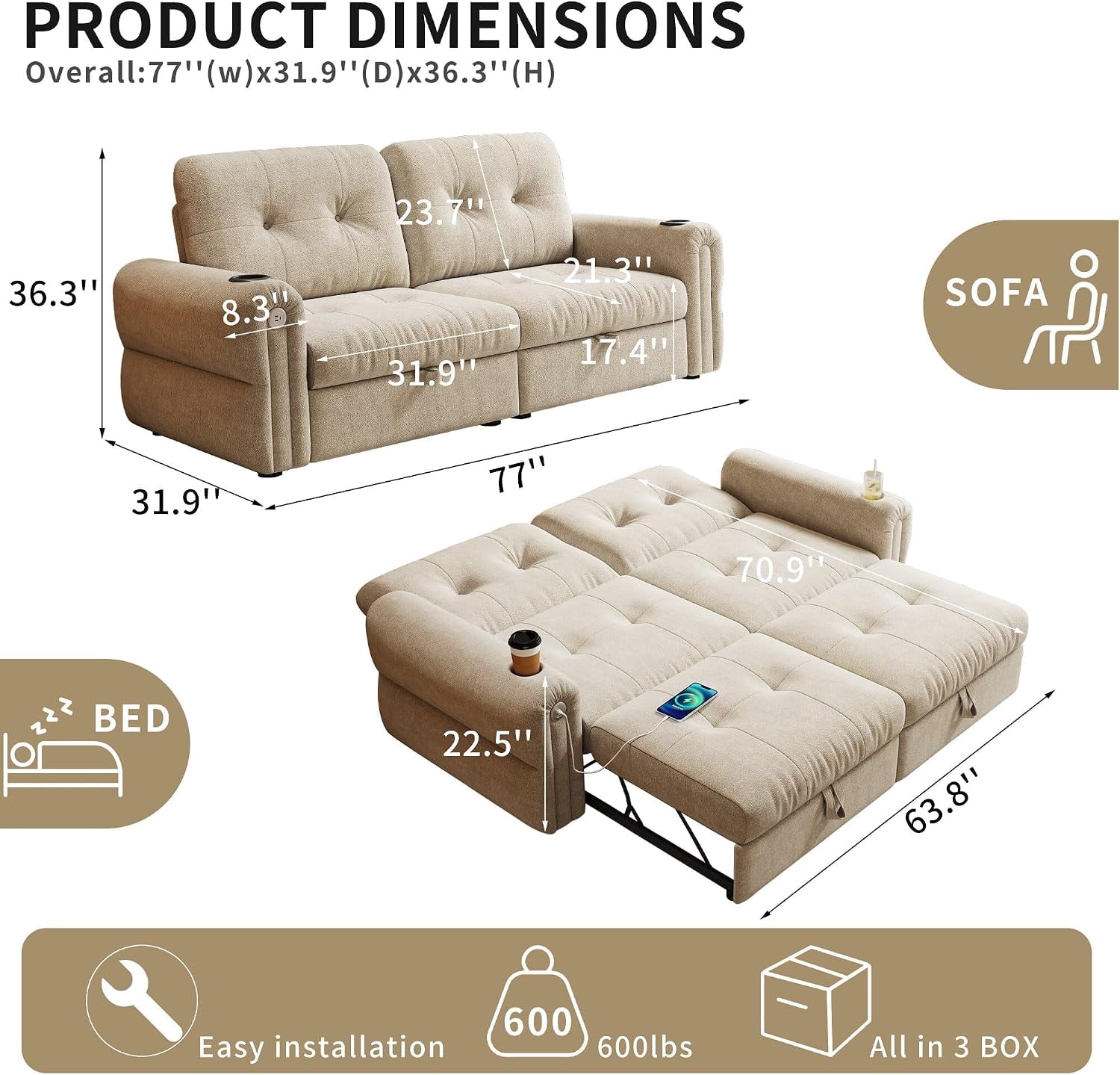 77" Queen Size 3-in-1 Convertible Sleeper Sofa Bed, Chenille Couch with Adjustable Backrest, Cup Holders & USB Ports