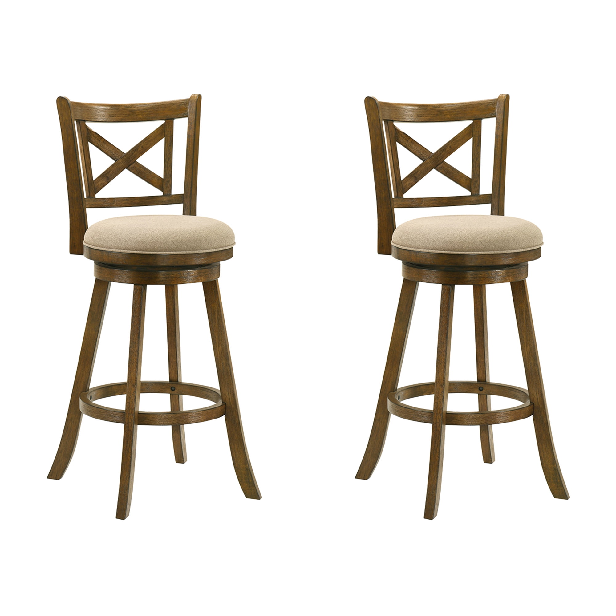 Kodi Modern Farmhouse Swivel Wood Bar Height Kitchen Bar Stool in Sepia Brown Finish with Light Scone Fabric Upholstered Seat - Set of 2