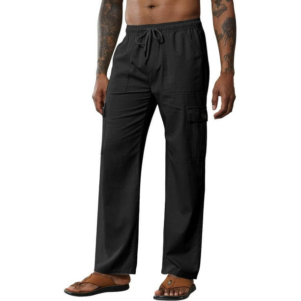 Pantalones largos para hombre de algodón y lino con cintura elástica, transpirables, cómodos, suaves, con bolsillos cargo, informales.
