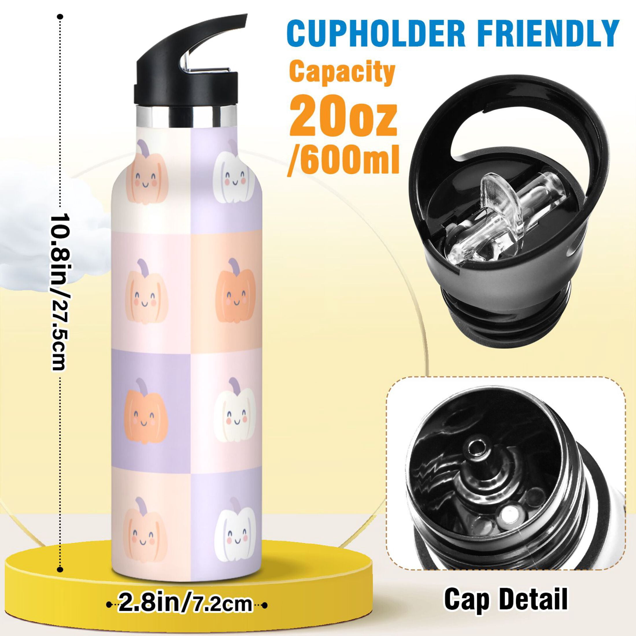 Kids Insulated Stainless Steel Sports Water Bottle 600ml (20oz) Pastel Colors Happy Pumpkin